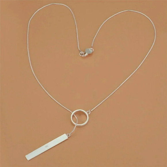Silver Bar & Circle Snakechain Lariat Necklace - Picture 6 of 6